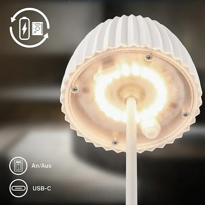 Brilo Riffle Akku-Tischleuchte - Ø x H: 8,5 x 20,1 cm, Weiß, Warmweiß, 1,5 W, IP44, Mini - Nahaufnahme einer stilvollen, kabellosen Tischleuchte mit Akku, USB-C-Anschluss und Ein/Aus-Schalter, die ein warmes, einladendes Licht ausstrahlt.