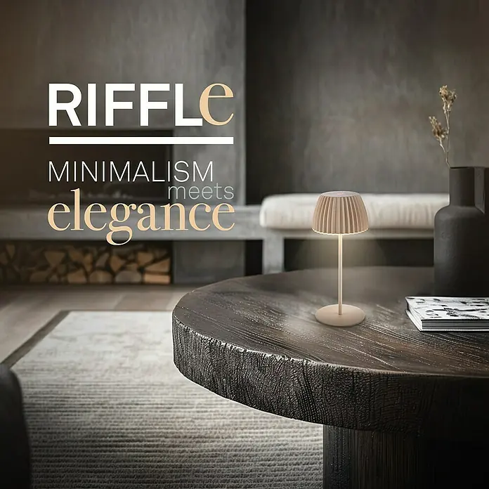 Brilo Riffle Akku-Tischleuchte - Ø x H: 8,5 x 20,1 cm, Beige, Warmweiß, 1,5 W, IP44, Mini - Elegante Riffle Tischleuchte aus Holz, die Minimalismus und Stil vereint, für eine stimmungsvolle Beleuchtung in jedem Raum.