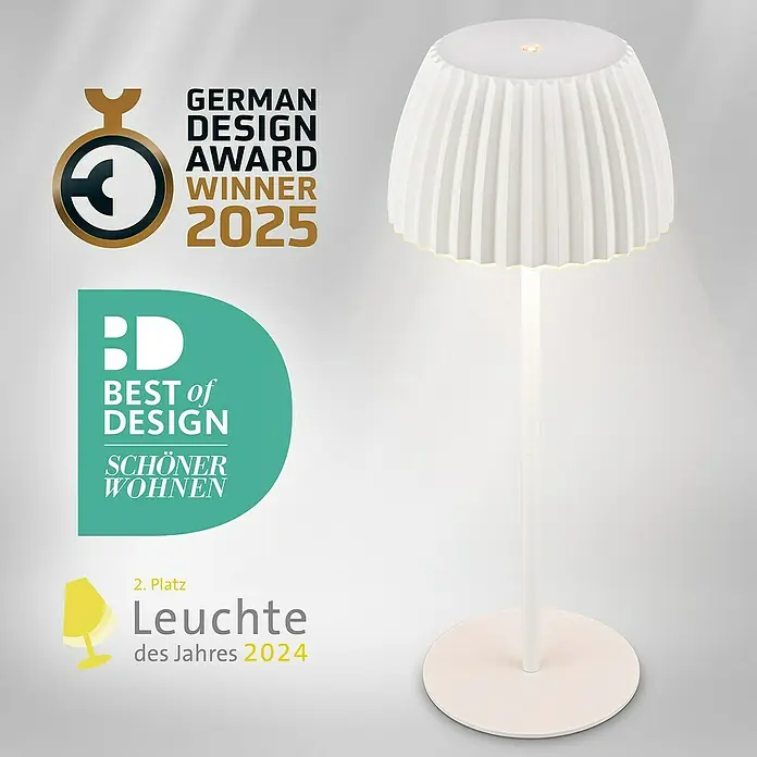 Brilo Riffle Akku-Tischleuchte - Ø x H: 14,3 x 36,4 cm, Weiß, Warmweiß, 2 W, IP44, Classic - Elegante, weisse Tischleuchte, ausgezeichnet mit dem German Design Award 2025 und dem Best of Design Award.
