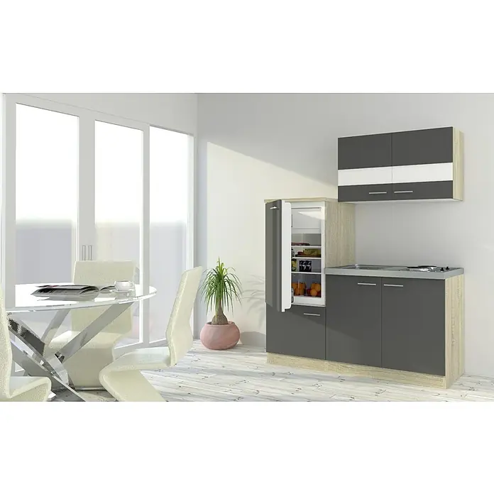 Respekta Singleküche Luis - Breite: 160 cm, Grau, Mit Duo-Kochmulde - Helles Interieur mit Küchenzeile in Grau und Holzoptik, inklusive Kühlschrank und Hängeschränken. Moderner Essbereich mit Glastisch.
