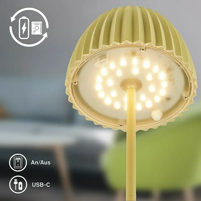 Brilo Riffle Akku-Tischleuchte - Ø x H: 14,3 x 36,4 cm, Grün, Warmweiß, 2 W, IP44, Classic - Nahaufnahme einer goldenen LED-Tischlampe mit wiederaufladbarem Akku und USB-C-Anschluss, die ein warmes, einladendes Licht ausstrahlt.