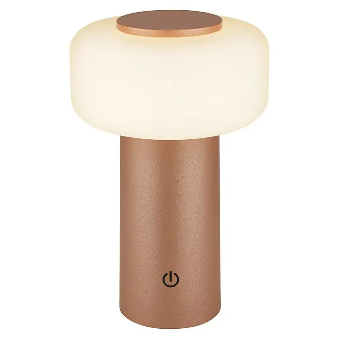 Brilo Akku-Tischleuchte Juna - Ø x H: 13 x 20,5 cm, Coffee, Warmweiß, 1,8 W, IP44 - Nahaufnahme einer stilvollen, kabellosen Tischleuchte mit warmem Licht und einem eleganten bronzefarbenen Finish für eine gemütliche Atmosphäre.