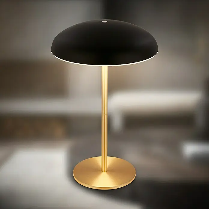 Brilo Akku-Tischleuchte Caxa - Ø x H: 19,5 x 30,5 cm, Schwarz, Warmweiß, 2,8 W, IP44 - Elegante Tischleuchte mit einem schwarzen Lampenschirm und einem goldenen Ständer. Ideal für modernes Ambiente, spendet angenehmes Licht.