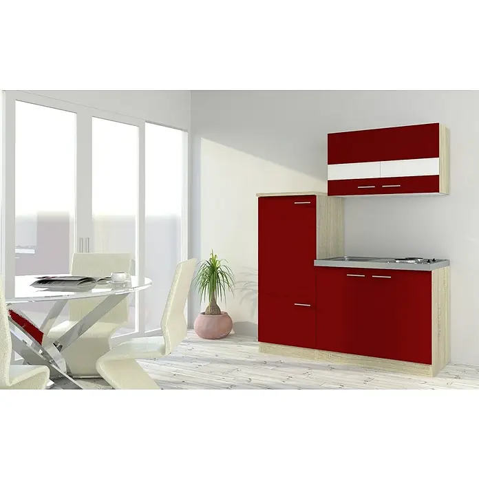 Respekta Singleküche Luis - Breite: 160 cm, Rot, Mit Duo-Kochmulde - Rote Miniküche mit Hängeschrank, Spüle und Stauraum, ideal für kleine Räume. Modernes Design für kompaktes Wohnen.