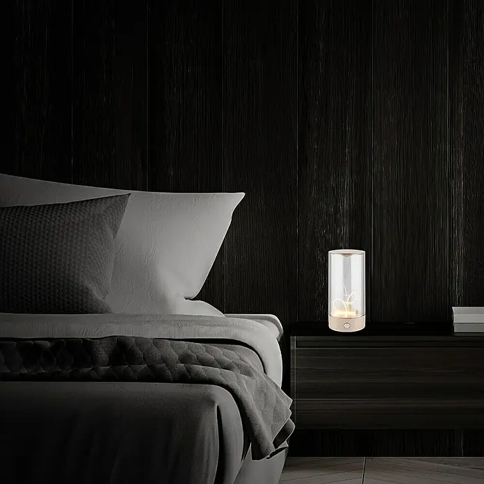 Brilo Akku-Tischleuchte Wiggle - Ø x H: 7 x 14,5 cm, Beige, Warmweiß, 1,5 W, IP20 - Elegante Nachttischlampe mit warmem Licht. Das sanfte Leuchten der Lampe sorgt für eine gemütliche Atmosphäre im Schlafzimmer.