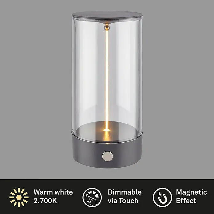Brilo Akku-Tischleuchte Wiggle - Ø x H: 7 x 14,5 cm, Anthrazit, Warmweiß, 1,5 W, IP20 - Elegante Tischleuchte mit warmweissem Licht, dimmbar per Touch und magnetischem Effekt.
