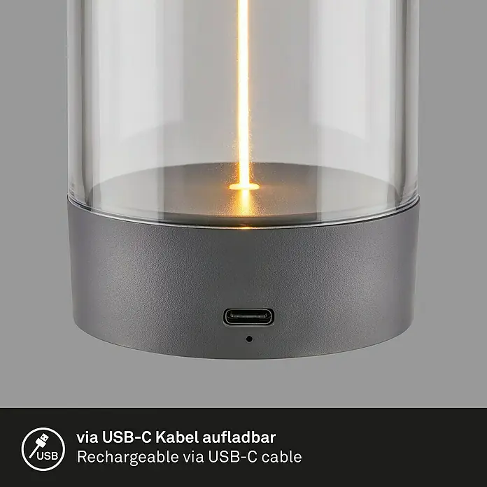 Brilo Akku-Tischleuchte Wiggle - Ø x H: 7 x 14,5 cm, Anthrazit, Warmweiß, 1,5 W, IP20 - Nahaufnahme einer USB-C-aufladbaren LED-Tischleuchte, die elegantes Design und Funktionalität vereint.