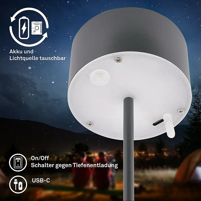 Brilo Akku-Tischleuchte Kira - Ø x H: 9 x 18 cm, Anthrazit, Warmweiß, 1,5 W, IP44 - Die smarte Campinglampe mit austauschbarem Akku & Lichtquelle, USB-C Anschluss und Schalter gegen Tiefenentladung. Perfekt für Outdoor-Abenteuer.