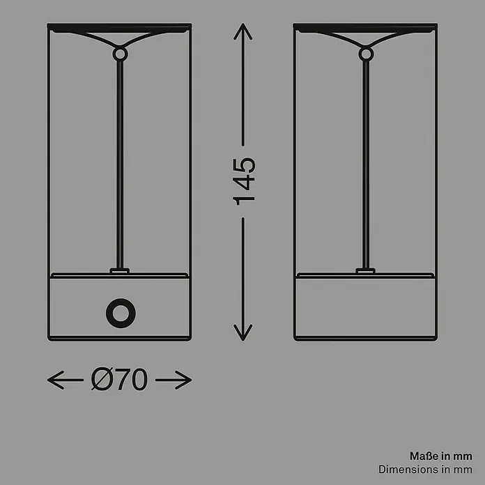 Brilo Akku-Tischleuchte Wiggle - Ø x H: 7 x 14,5 cm, Anthrazit, Warmweiß, 1,5 W, IP20 - Produktskizze einer Leuchte mit den Maßen 145 mm Höhe und 70 mm Durchmesser.