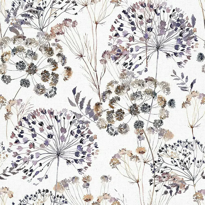 Glööckler Pompöös Provence Vliestapete - Grau/Braun/Lila, Floral, 10,05 x 0,53 m - Ein nahtloses Muster mit floralen Elementen in sanften, neutralen Farben, ideal für Textilien und Wandgestaltungen.