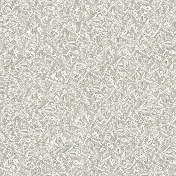 Glööckler Pompöös Provence Vliestapete Basic - Pearl, Floral, 10,05 x 0,7 m - Tapete mit dichtem Muster aus stilisierten Blättern in Weiß- und Grautönen, die eine ruhige, natürliche Atmosphäre schafft.