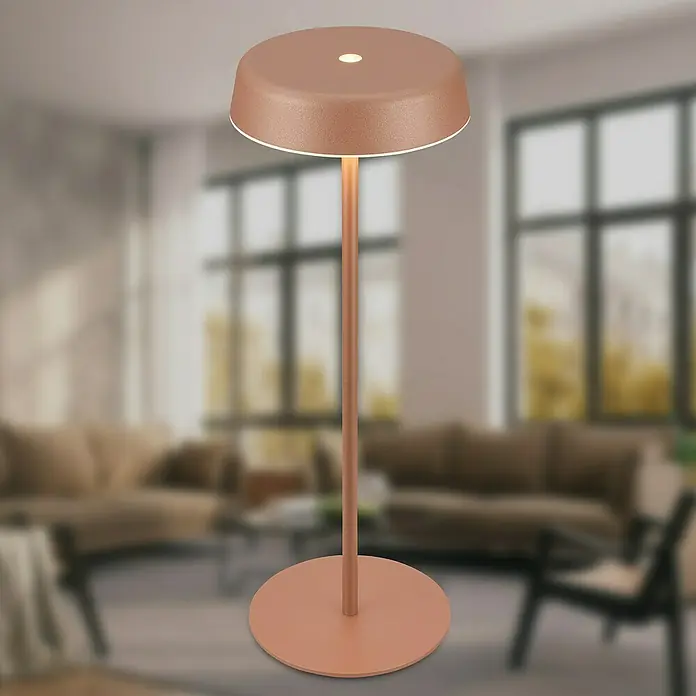 Brilo Akku-Tischleuchte Pala - Ø x H: 13 x 36,5 cm, Coffee, Warmweiß, 2,6 W, IP44 - Elegante, roséfarbene Stehlampe mit einem schlanken Design, ideal für modernes Wohnambiente und sanfte Beleuchtung.