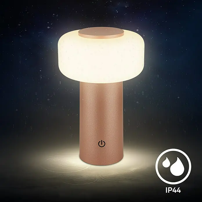 Brilo Akku-Tischleuchte Juna - Ø x H: 13 x 20,5 cm, Coffee, Warmweiß, 1,8 W, IP44 - Elegante Tischleuchte mit warmem Licht und wasserabweisendem Design. Ideal für stimmungsvolle Abende im Innen- und Außenbereich.