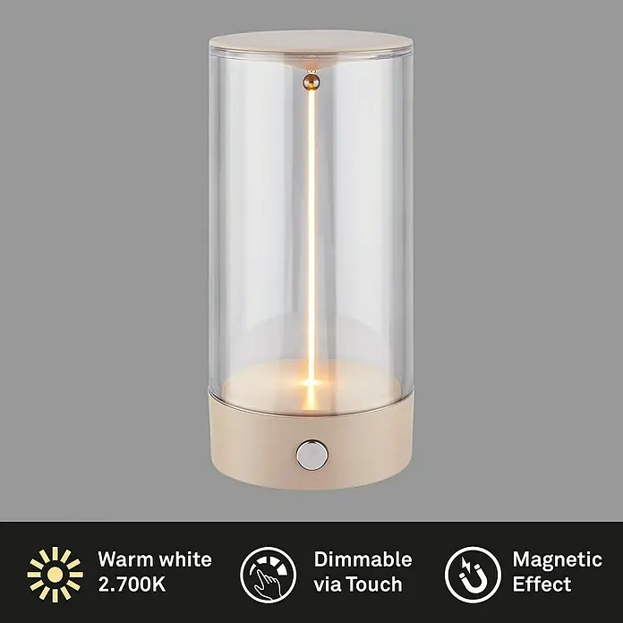 Brilo Akku-Tischleuchte Wiggle - Ø x H: 7 x 14,5 cm, Beige, Warmweiß, 1,5 W, IP20 - Tischleuchte mit warmweißem Licht und Dimmfunktion per Berührung. Das magnetische Design macht diese Lampe zu einem echten Hingucker.