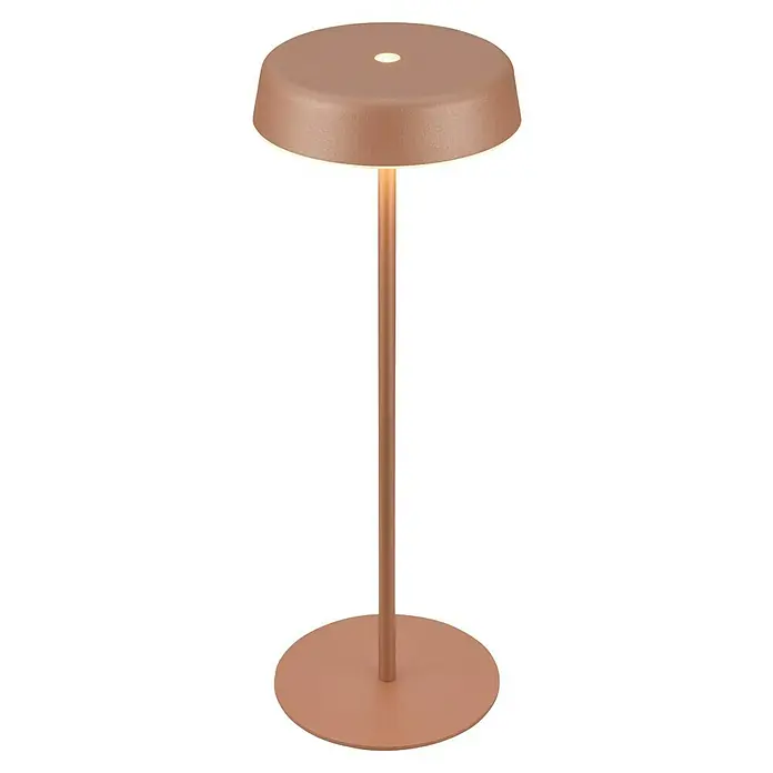Brilo Akku-Tischleuchte Pala - Ø x H: 13 x 36,5 cm, Coffee, Warmweiß, 2,6 W, IP44 - Nahaufnahme einer eleganten, bronzefarbenen Stehlampe mit einem runden Lampenschirm und einem schlanken Ständer, die ein warmes, einladendes Licht ausstrahlt.