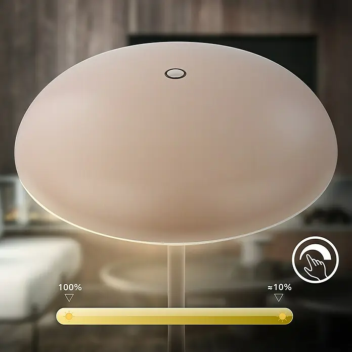 Brilo Akku-Tischleuchte Caxa - Ø x H: 19,5 x 30,5 cm, Beige, Warmweiß, 2,8 W, IP44 - Das Bild zeigt eine moderne LED-Tischleuchte in Pilzform mit Dimmfunktion, ideal für Nachttische oder als Akzentbeleuchtung.