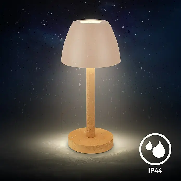 Brilo Akku-Tischleuchte Serina Wood - Ø x H: 13,5 x 20 cm, Beige, Warmweiß, 2,5 W, IP44 - Wasserdichte IP44 Tischleuchte mit Holzfuß und sanftem Lichtschein, perfekt für den Außenbereich.