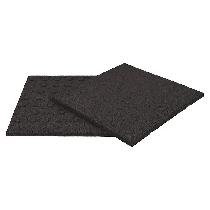 Fallschutzmatte - Schwarz, 50 x 50 x 2,5 cm - Zwei schwarze Gummifliesen, eine mit Noppenstruktur und eine glatte Oberfläche, ideal für Fitnessstudios oder als Bodenschutz.