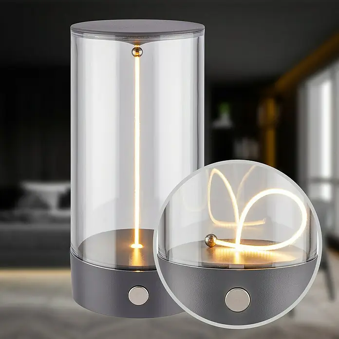 Brilo Akku-Tischleuchte Wiggle - Ø x H: 7 x 14,5 cm, Anthrazit, Warmweiß, 1,5 W, IP20 - Elegante LED-Tischleuchte mit Glaszylinder und Dimmfunktion. Ideal als stimmungsvolle Beleuchtung für Wohn- und Schlafbereiche.