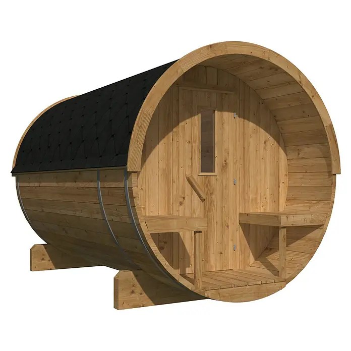 Tuindeco Fasssauna - L x B x H: 300 x 205 x 220 cm, Ohne Ofen, ½‑Panorama‑Fenster - Eine Fasssauna mit schwarzem Dach und Holzbänken im Innenraum. Ideal für Entspannung und Wellness im eigenen Garten.