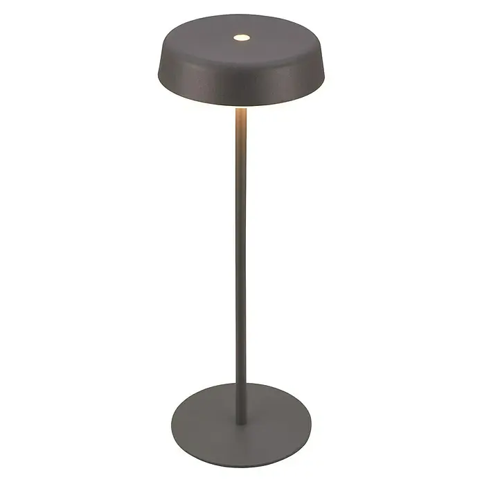 Brilo Akku-Tischleuchte Pala - Ø x H: 13 x 36,5 cm, Anthrazit, Warmweiß, 2,6 W, IP44 - Elegante graue Tischleuchte mit einem runden Lampenschirm und einem schlanken Ständer, ideal für moderne Innenräume. Die Lampe strahlt warmes Licht aus.