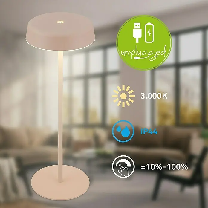 Brilo Akku-Tischleuchte Pala - Ø x H: 13 x 36,5 cm, Beige, Warmweiß, 2,6 W, IP44 - Stimmungsvolle Akzentbeleuchtung: Die akkubetriebene, dimmbare Stehleuchte sorgt für gemütliches Licht. Ideal für Wohnzimmer, Schlafzimmer und mehr.