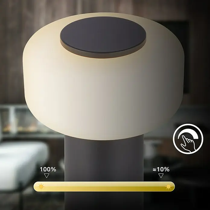 Brilo Akku-Tischleuchte Juna - Ø x H: 13 x 20,5 cm, Anthrazit, Warmweiß, 1,8 W, IP44 - Schlichte Tischleuchte mit Touch-Dimmer zur Anpassung der Helligkeit von 10% bis 100%. Ideal für Nachttisch oder Wohnzimmer.