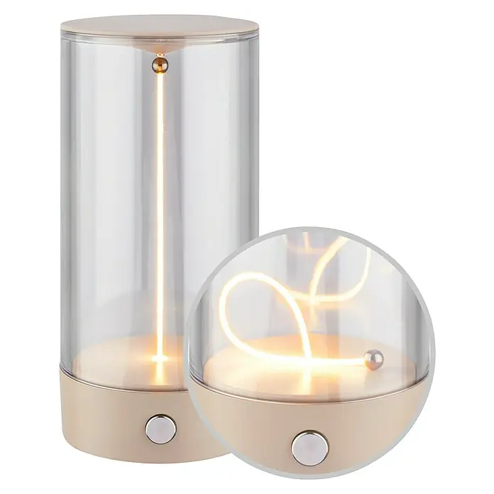 Brilo Akku-Tischleuchte Wiggle - Ø x H: 7 x 14,5 cm, Beige, Warmweiß, 1,5 W, IP20 - Nahaufnahme von zwei modernen, beigen Tischleuchten mit transparentem Zylinder und LED-Beleuchtung für ein warmes, gemütliches Ambiente.