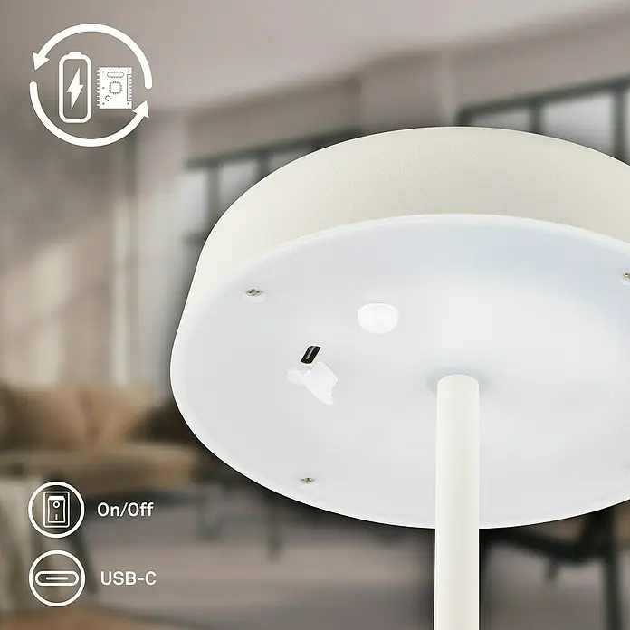 Brilo Akku-Tischleuchte Pala - Ø x H: 13 x 36,5 cm, Altweiß, Warmweiß, 2,6 W, IP44 - Nahaufnahme einer modernen Tischleuchte mit Details zu Akku, Ein/Aus-Schalter und USB-C-Anschluss.