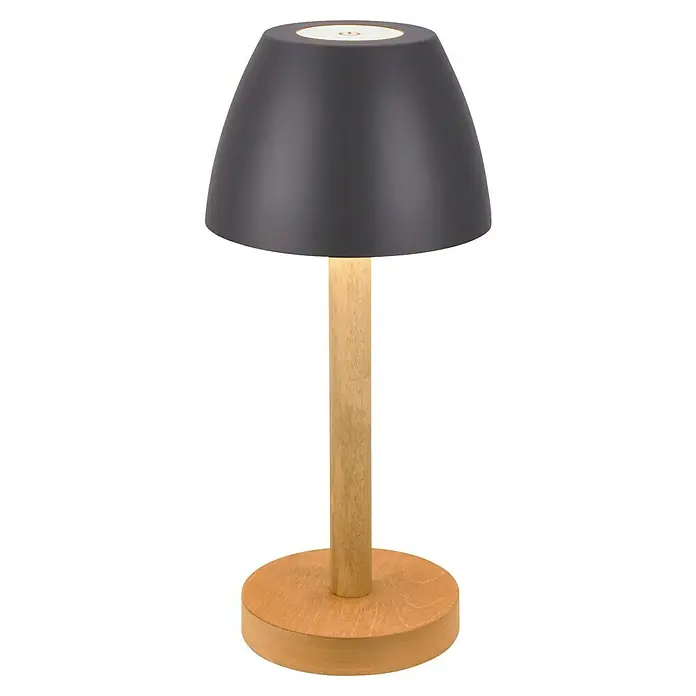 Brilo Akku-Tischleuchte Serina Wood - Ø x H: 13,5 x 20 cm, Anthrazit, Warmweiß, 2,5 W, IP44 - Elegante Tischleuchte mit grauem Schirm und Holzfuß, die eine warme und einladende Atmosphäre schafft. Perfekt für Nachttisch oder Schreibtisch.