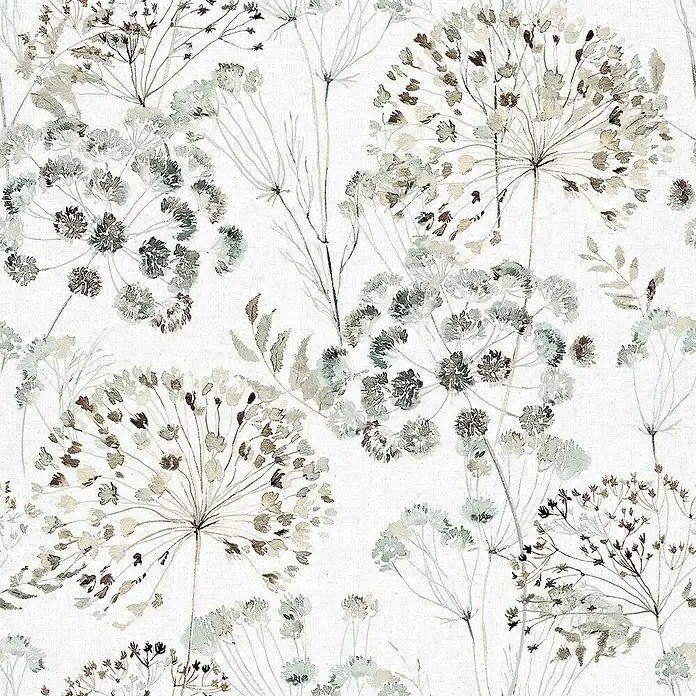 Glööckler Pompöös Provence Vliestapete - Grau/Beige/Grün, Floral, 10,05 x 0,53 m - Elegantes florales Muster mit zarten Aquarellblumen in neutralen Farben, ideal für Wohntextilien und Dekorationen.