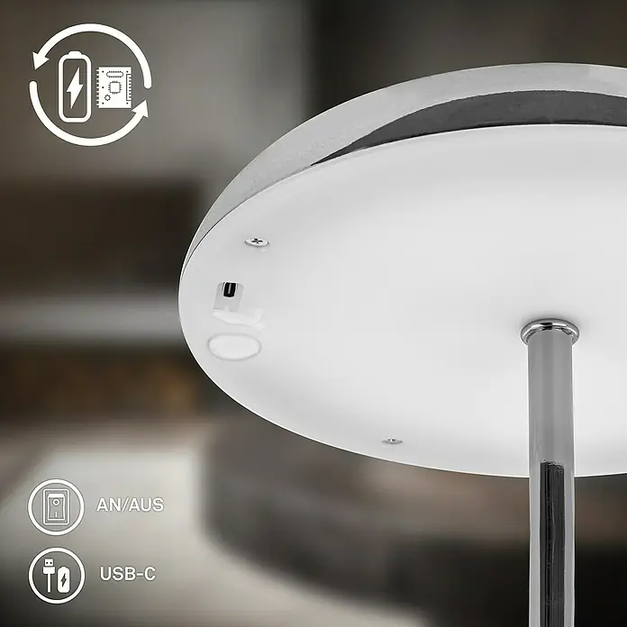 Brilo Akku-Tischleuchte Caxa - Ø x H: 19,5 x 30,5 cm, Chrom, Warmweiß, 2,8 W, IP44 - Das Bild zeigt eine Tischlampe mit LED-Beleuchtung, Akkubetrieb und USB-C-Anschluss, ideal für den flexiblen Einsatz.
