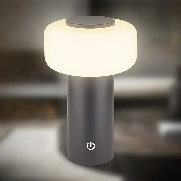 Brilo Akku-Tischleuchte Juna - Ø x H: 13 x 20,5 cm, Anthrazit, Warmweiß, 1,8 W, IP44 - Elegante Tischleuchte mit Touch-Funktion und warmweißem Licht, perfekt für Nachttisch oder Schreibtisch. Stilvolles Design in Grau.