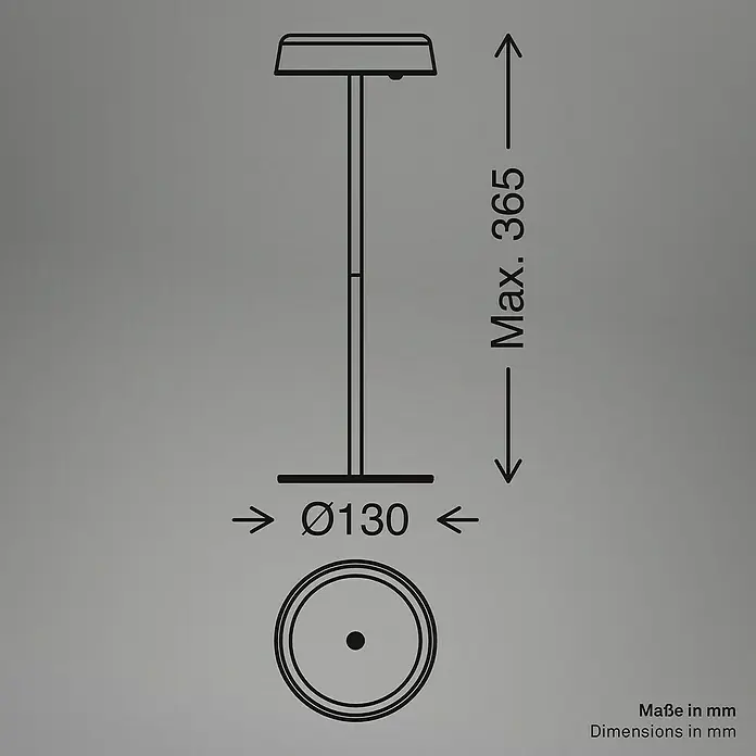 Brilo Akku-Tischleuchte Pala - Ø x H: 13 x 36,5 cm, Altweiß, Warmweiß, 2,6 W, IP44 - Technische Zeichnung einer Tischleuchte mit rundem Fuß und Schirm, Höhe 365 mm, Durchmesser 130 mm.