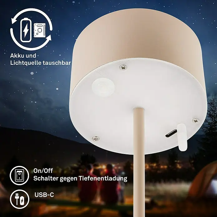 Brilo Akku-Tischleuchte Kira - Ø x H: 9 x 18 cm, Beige, Warmweiß, 1,5 W, IP44 - Produktansicht einer Nachttischlampe mit beige farbenem Lampenschirm, die sich perfekt für den Nachttisch oder zum Campen eignet.