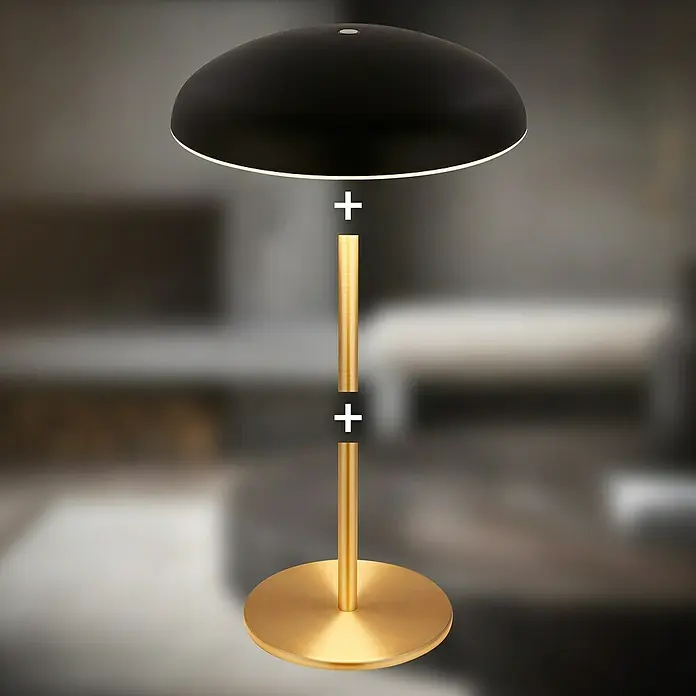 Brilo Akku-Tischleuchte Caxa - Ø x H: 19,5 x 30,5 cm, Schwarz, Warmweiß, 2,8 W, IP44 - Elegante Stehlampe mit schwarzem Schirm und goldenem Ständer. Perfekt für modernes Ambiente, spendet warmes Licht und setzt stilvolle Akzente im Raum.