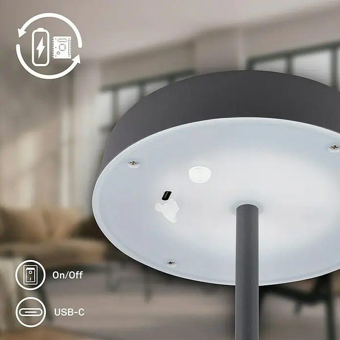 Brilo Akku-Tischleuchte Pala - Ø x H: 13 x 36,5 cm, Anthrazit, Warmweiß, 2,6 W, IP44 - Nahaufnahme einer modernen Tischleuchte mit integriertem Akku und USB-C Anschluss für einfache Aufladung.