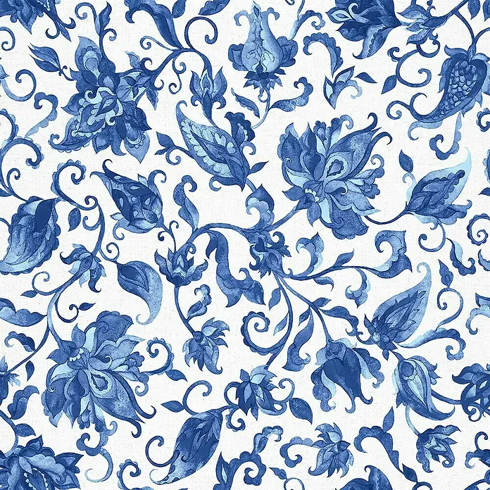 Glööckler Pompöös Provence Vliestapete - Grau/Blau, Floral, 10,05 x 0,53 m - Blaues Aquarell-Blumenmuster mit filigranen Details auf weißem Grund. Ein elegantes Design für Stoffe und Dekorationen.