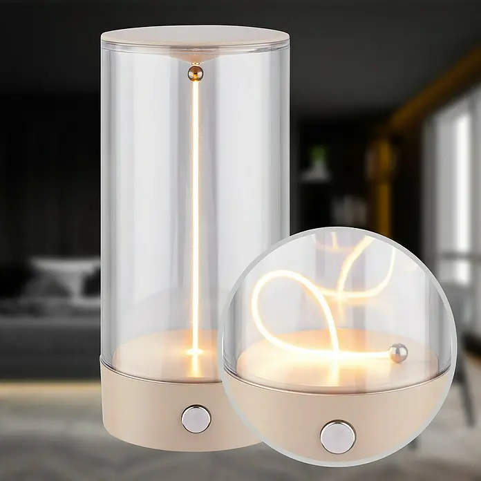 Brilo Akku-Tischleuchte Wiggle - Ø x H: 7 x 14,5 cm, Beige, Warmweiß, 1,5 W, IP20 - Elegante Tischleuchte mit klarem Zylinder und beigem Sockel. Das Lichtdesign mit einer Kugel im Inneren sorgt für eine gemütliche Atmosphäre.