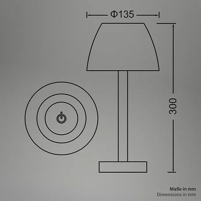 Brilo Akku-Tischleuchte Serina Wood - Ø x H: 13,5 x 20 cm, Anthrazit, Warmweiß, 2,5 W, IP44 - Skizze einer Tischleuchte mit den Maßen Ø135 mm (Schirm) und 300 mm (Höhe) mit runder Basis und mittigem Ein-/Ausschalter.