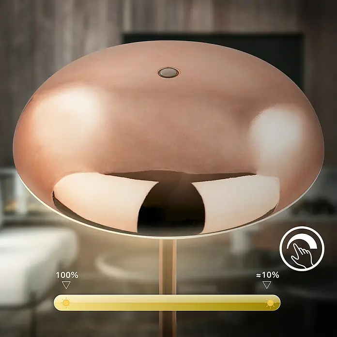 Brilo Akku-Tischleuchte Caxa - Ø x H: 19,5 x 30,5 cm, Kupfer, Warmweiß, 2,8 W, IP44 - Nahaufnahme einer eleganten Lampe mit Touch-Dimmer-Funktion, die von 100 % auf 10 % Helligkeit eingestellt werden kann.