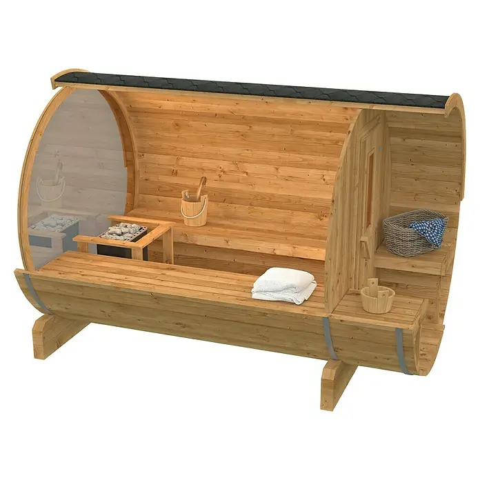 Tuindeco Fasssauna - L x B x H: 300 x 205 x 220 cm, Ohne Ofen, Großes Panoramafenster - Einblick in eine Fasssauna mit Holzbänken, Ofen und Zubehör. Die Sauna strahlt Wärme und Gemütlichkeit aus, ideal für Entspannung.