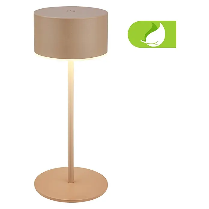 Brilo Akku-Tischleuchte Kira - Ø x H: 9 x 18 cm, Beige, Warmweiß, 1,5 W, IP44 - Eine moderne, beigefarbene Tischleuchte mit zylindrischem Schirm und schlankem Ständer, die ein warmes, einladendes Licht ausstrahlt.