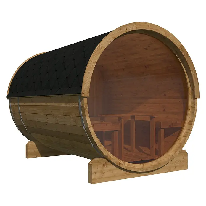 Tuindeco Fasssauna - L x B x H: 300 x 205 x 220 cm, Ohne Ofen, Großes Panoramafenster - Abgebildet ist eine fassförmige Gartensauna mit einem abgedunkelten Dach und einem natürlichen Holzfinish, die eine entspannende Wellnessoase im Freien darstellt.