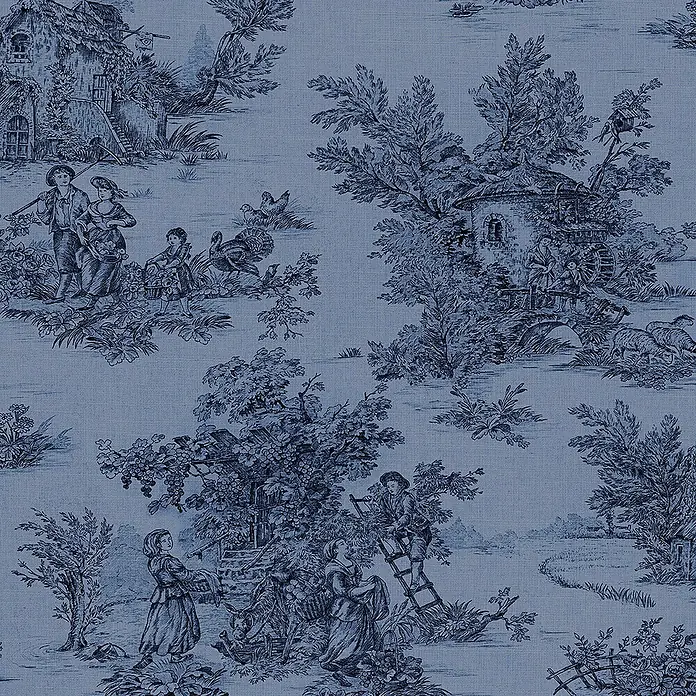 Glööckler Pompöös Provence Vliestapete - Blau/Schwarz, Grafisch, 10,05 x 0,53 m - Blauer Toile-de-Jouy-Stoff mit einer Szene des Landlebens.