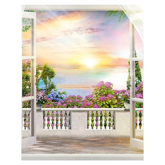 Glööckler Pompöös Provence Fototapete Blumiger Ausblick - B x L: 212 x 270 cm, Vlies - Fenster zum Meer: Ein offenes Fenster mit Blick auf ein Meer bei Sonnenuntergang, umrahmt von Blumen und einem Balkon.