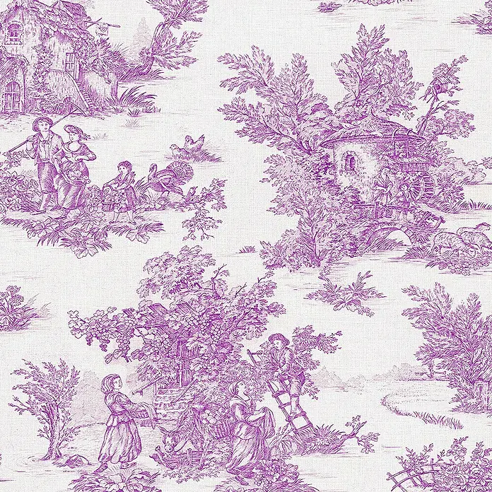 Glööckler Pompöös Provence Vliestapete - Grau/Lila, Grafisch, 10,05 x 0,53 m - Elegantes Toile-de-Jouy-Muster in Lila mit filigranen Szenen aus dem Landleben für Stoffe und Tapeten.