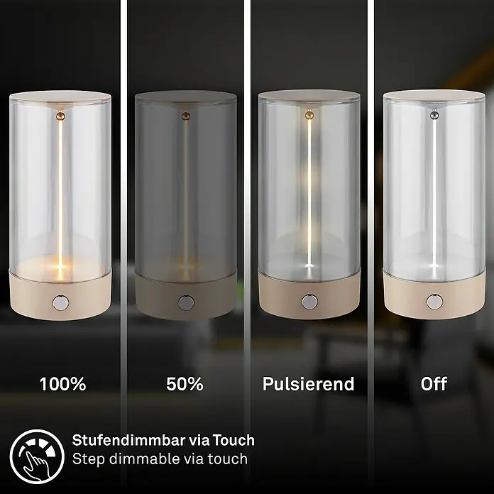 Brilo Akku-Tischleuchte Wiggle - Ø x H: 7 x 14,5 cm, Beige, Warmweiß, 1,5 W, IP20 - Stimmungsvolle LED-Tischleuchte mit Touch-Funktion zur Dimmung in verschiedenen Helligkeitsstufen für eine gemütliche Atmosphäre.