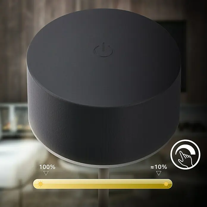 Brilo Akku-Tischleuchte Kira - Ø x H: 9 x 18 cm, Anthrazit, Warmweiß, 1,5 W, IP44 - Die runde Lampe in Anthrazit mit Touch-Dimmer bietet flexible Helligkeitseinstellung von 10% bis 100% für angenehmes Licht.