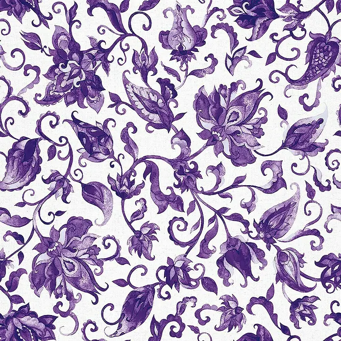 Glööckler Pompöös Provence Vliestapete - Grau/Lila, Floral, 10,05 x 0,53 m - Elegantes violettes Blumenmuster auf weißem Grund, ideal für Textilien oder Wanddekorationen. Zarte florale Elemente für einen Hauch von Raffinesse.
